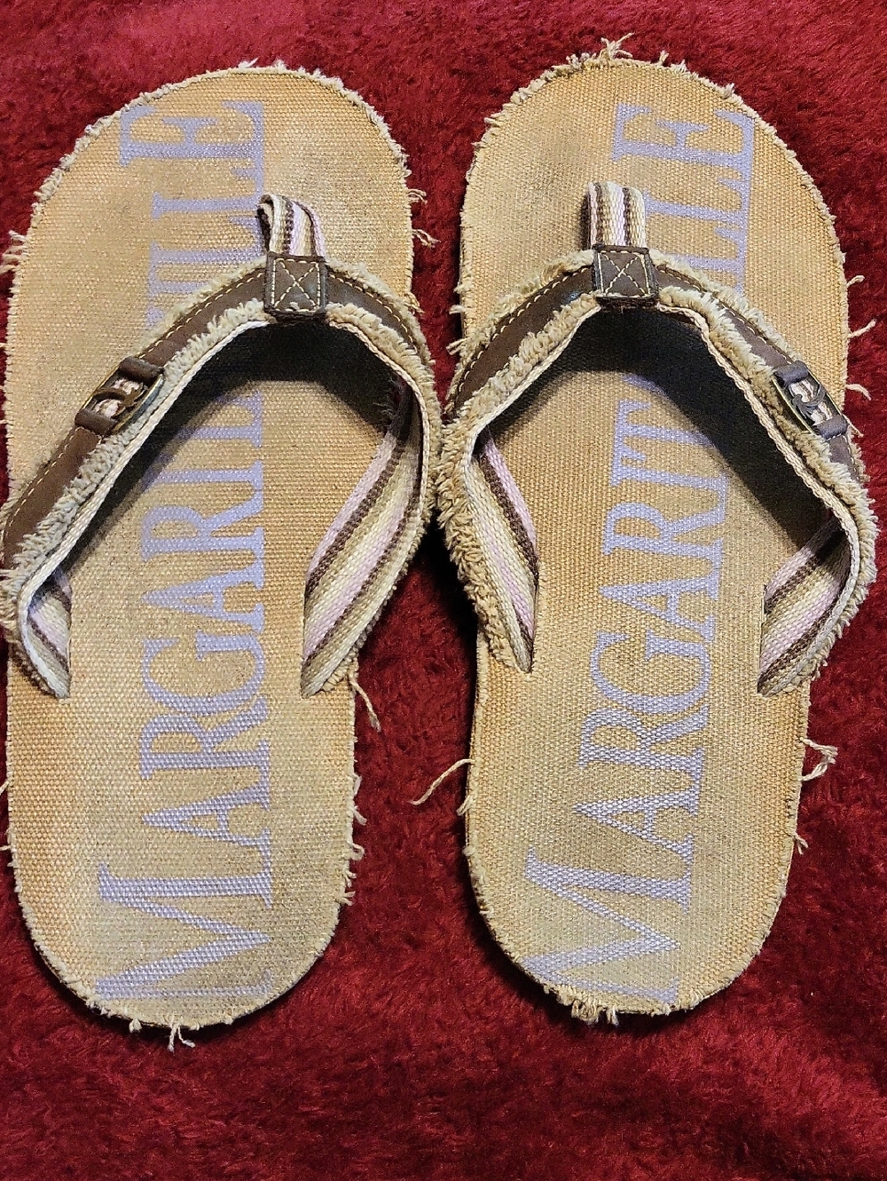 Margaritaville Tan Canvas Flip Flops with Brown Straps
